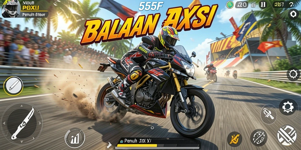 Screenshot gameplay balapan motor yang intens dan mendebarkan di 555F.