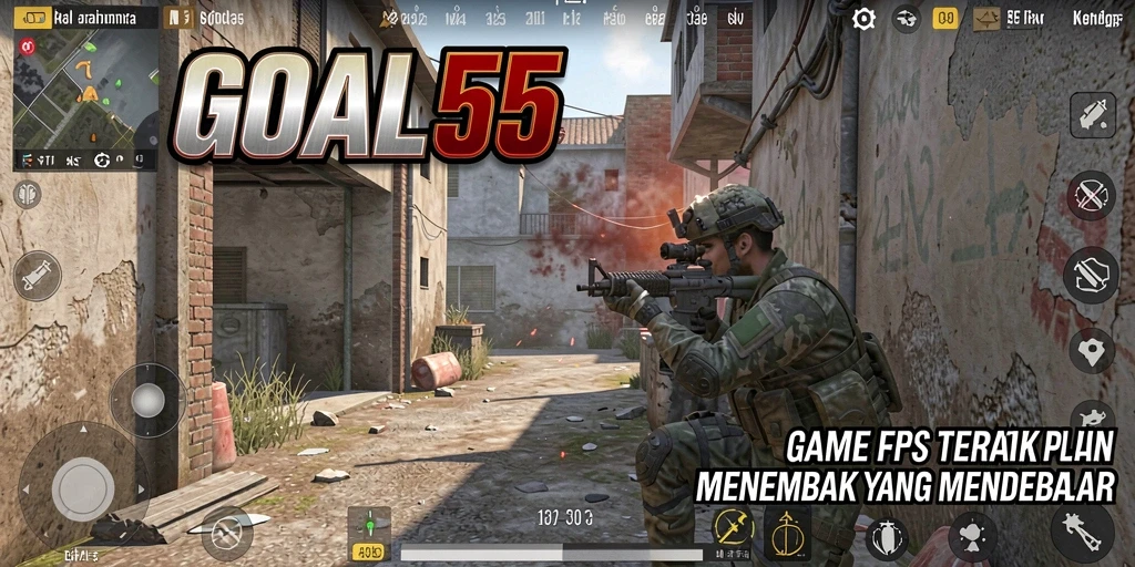 Screenshot utama dari gameplay GOAL55 yang menampilkan aksi tembak-menembak yang menegangkan.