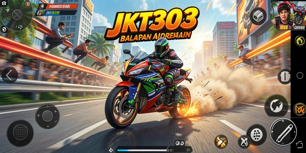 Screenshot gameplay JKT303 menampilkan balapan motor yang intens.