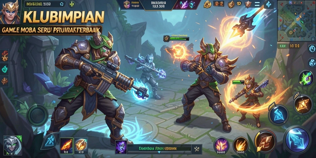 Screenshot gameplay KLUBIMPIAN dengan pahlawan sedang bertarung di arena.