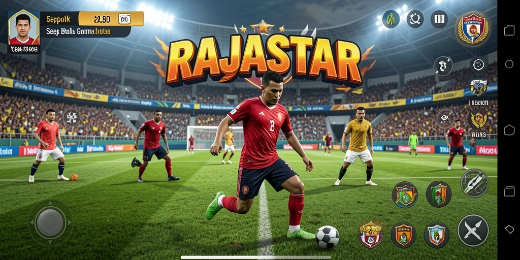Tampilan gameplay seru dalam RAJASTAR saat pertandingan sepak bola.