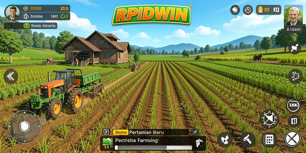 Screenshot gameplay RPIDWIN yang menampilkan kebun yang indah dan hewan ternak.